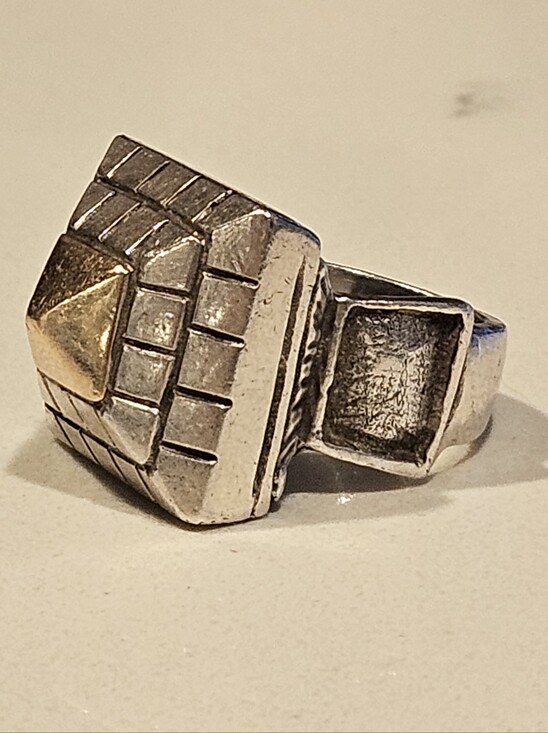 Jewelry - Massive Chunky Solid 14k Yellow Gold & Sterling Silver Pyramid Ring Artisan